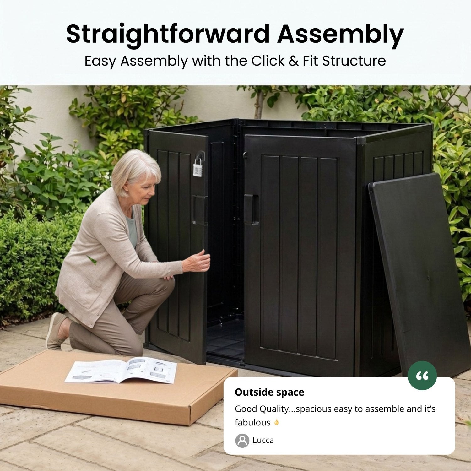 Olsen & Smith 775L Large Outdoor Garden Storage Box, Small (2x 180L) Wheelie Bin Storage, Waterproof Wood-Effect, Small Bike Shed, Garage Storage & Tool Storage, Inc. Padlock