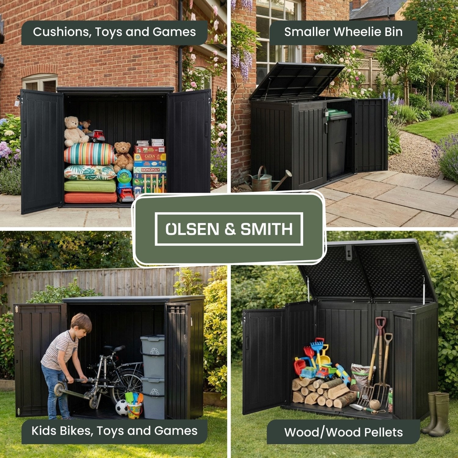 Olsen & Smith 775L Large Outdoor Garden Storage Box, Small (2x 180L) Wheelie Bin Storage, Waterproof Wood-Effect, Small Bike Shed, Garage Storage & Tool Storage, Inc. Padlock