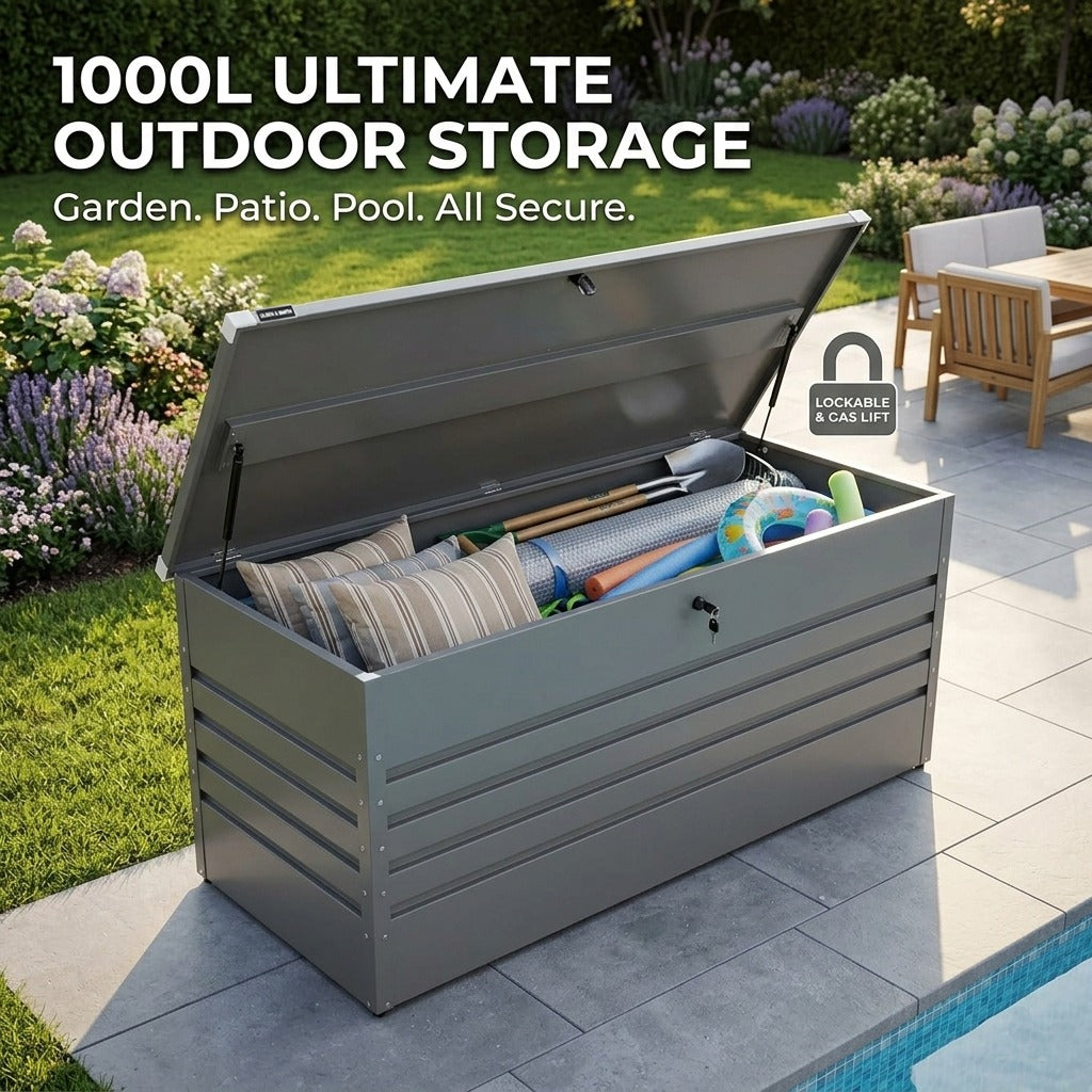 Olsen & Smith 1000L Large Metal Storage Box – Lockable Outdoor XXL Garden Storage Box, Weatherproof, with Gas Lift – Stores Cushions, Tools & Garden Furniture – Anthracite