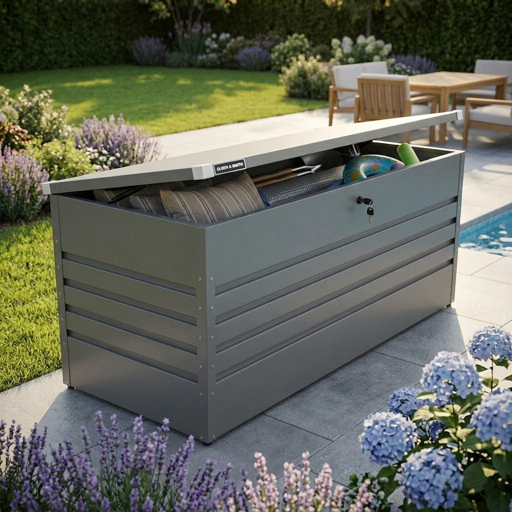 Olsen & Smith 1000L Large Metal Storage Box – Lockable Outdoor XXL Garden Storage Box, Weatherproof, with Gas Lift – Stores Cushions, Tools & Garden Furniture – Anthracite