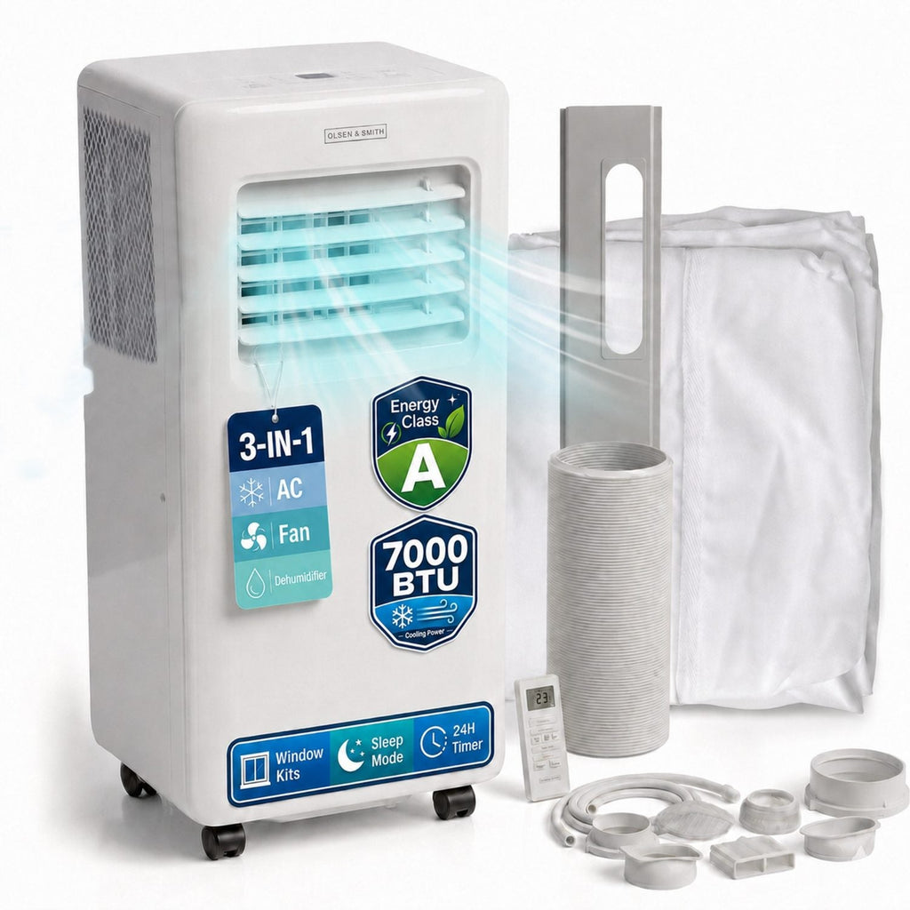 Olsen & Smith 7000 BTU 3-in-1 Portable Air Conditioning Unit, Air Conditioner AC Air Con Cooler with Cooling, Fan & Dehumidifier Functions, 24H Timer with Window Kit & Remote Control, White [Energy Class A]