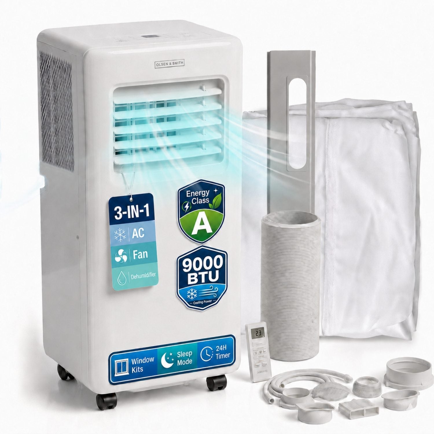 Olsen & Smith 9000 BTU 3-in-1 Portable Air Conditioning Unit, Air Conditioner AC Air Con Cooler with Cooling, Fan & Dehumidifier Functions, 24H Timer with Window Kit & Remote Control, White [Energy Class A]