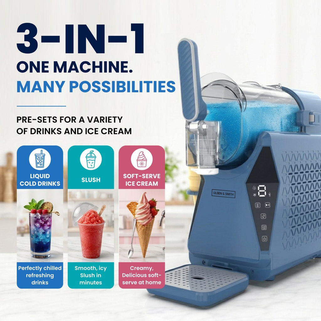 Olsen & Smith Slushie Machine & Frozen Drink Maker – 3-in-1 Slushy, Soft Serve Ice Cream & Drinks Chiller Machine for Cocktails, Milkshakes, Frappes & Iced Coffee (Blue)