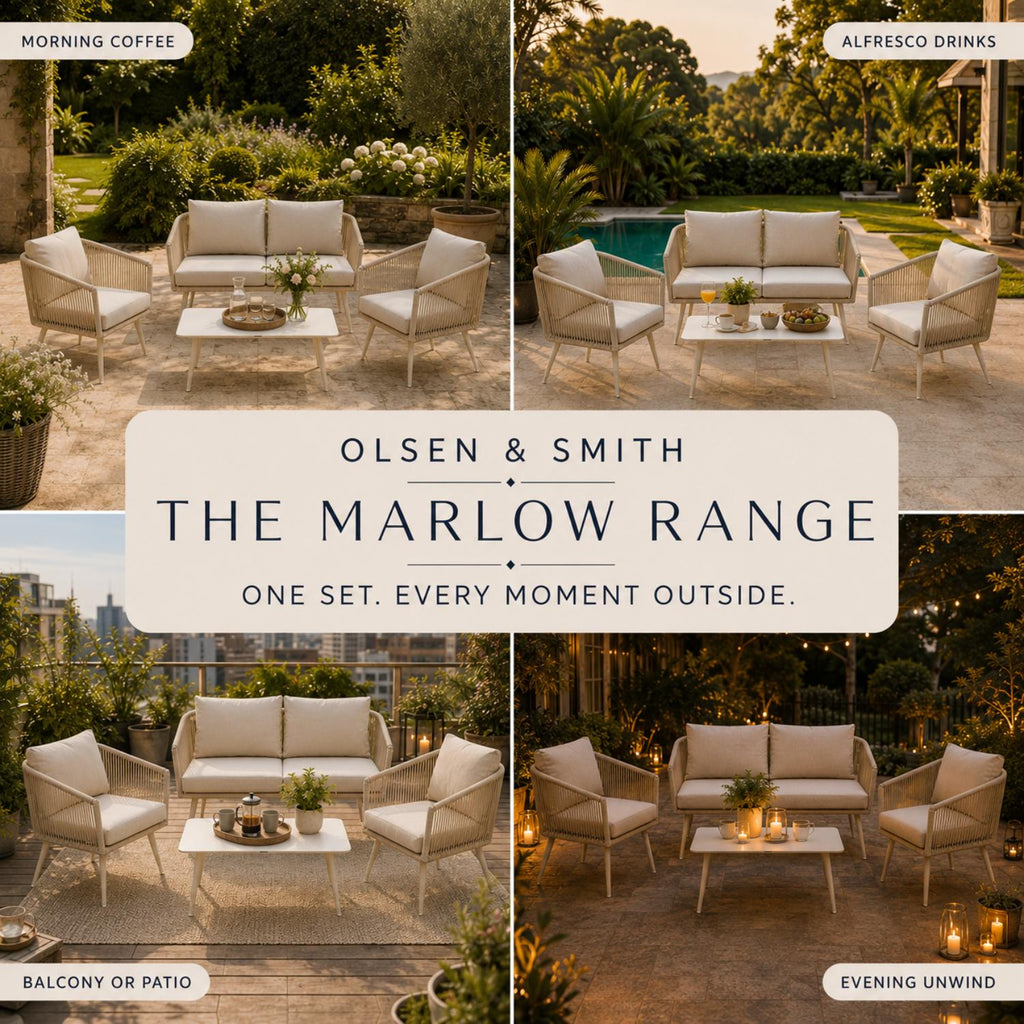 Olsen & Smith Marlow 4 Seater Rattan Garden Sofa Set - Sandstone Cream, Rust-ResistantFrame, Waterproof Cushions