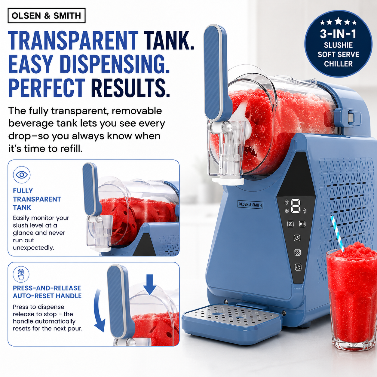Olsen & Smith Slushie Machine & Frozen Drink Maker – 3-in-1 Slushy, Soft Serve Ice Cream & Drinks Chiller Machine for Cocktails, Milkshakes, Frappes & Iced Coffee (Blue)