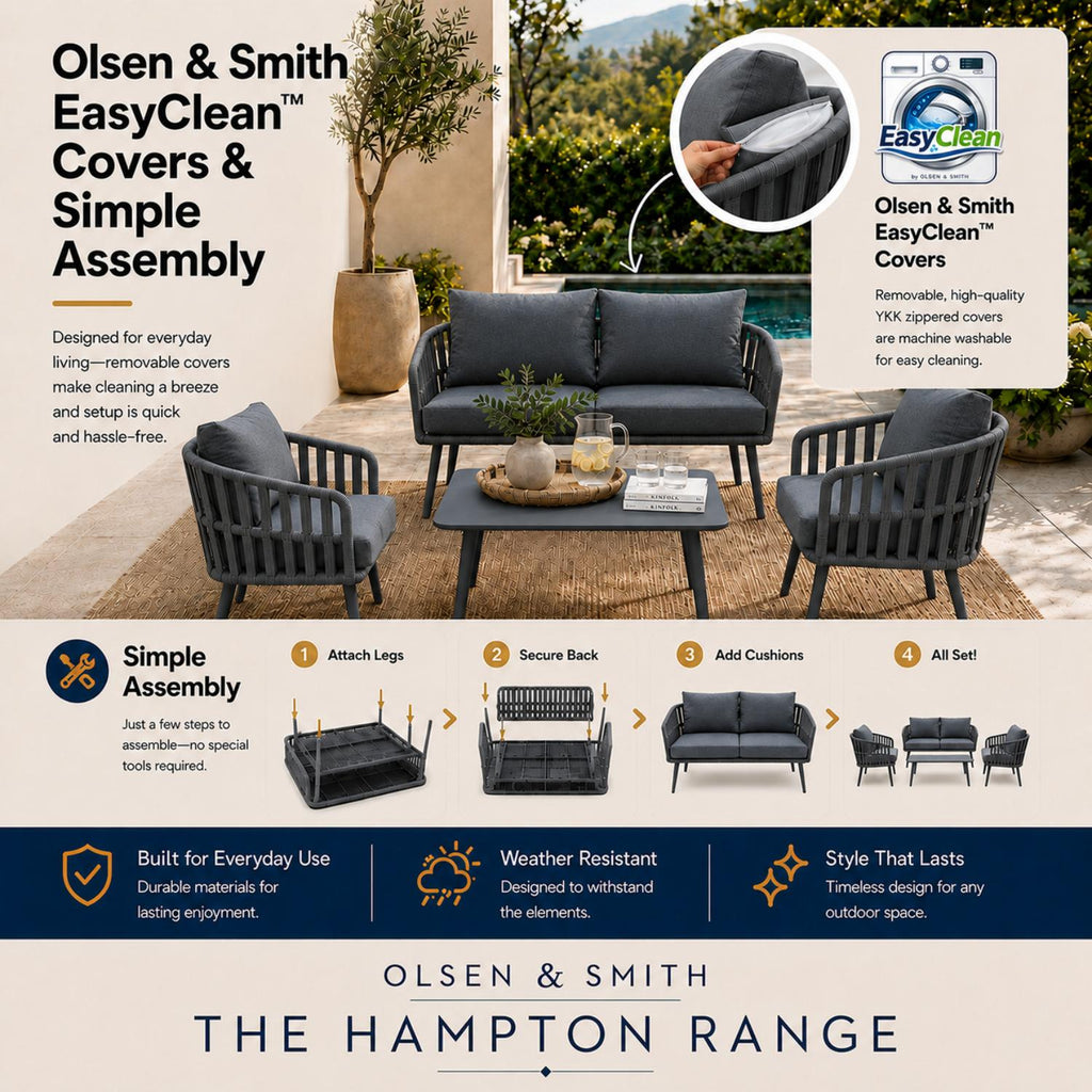 Olsen & Smith Hampton 4 Seater Aluminium Garden Furniture Set Slate Grey – 5 Piece Outdoor Rattan Sofa Set with 2 Seater Sofa, 2 Armchairs & Coffee Table, Waterproof Cushions, Aluminium Frame