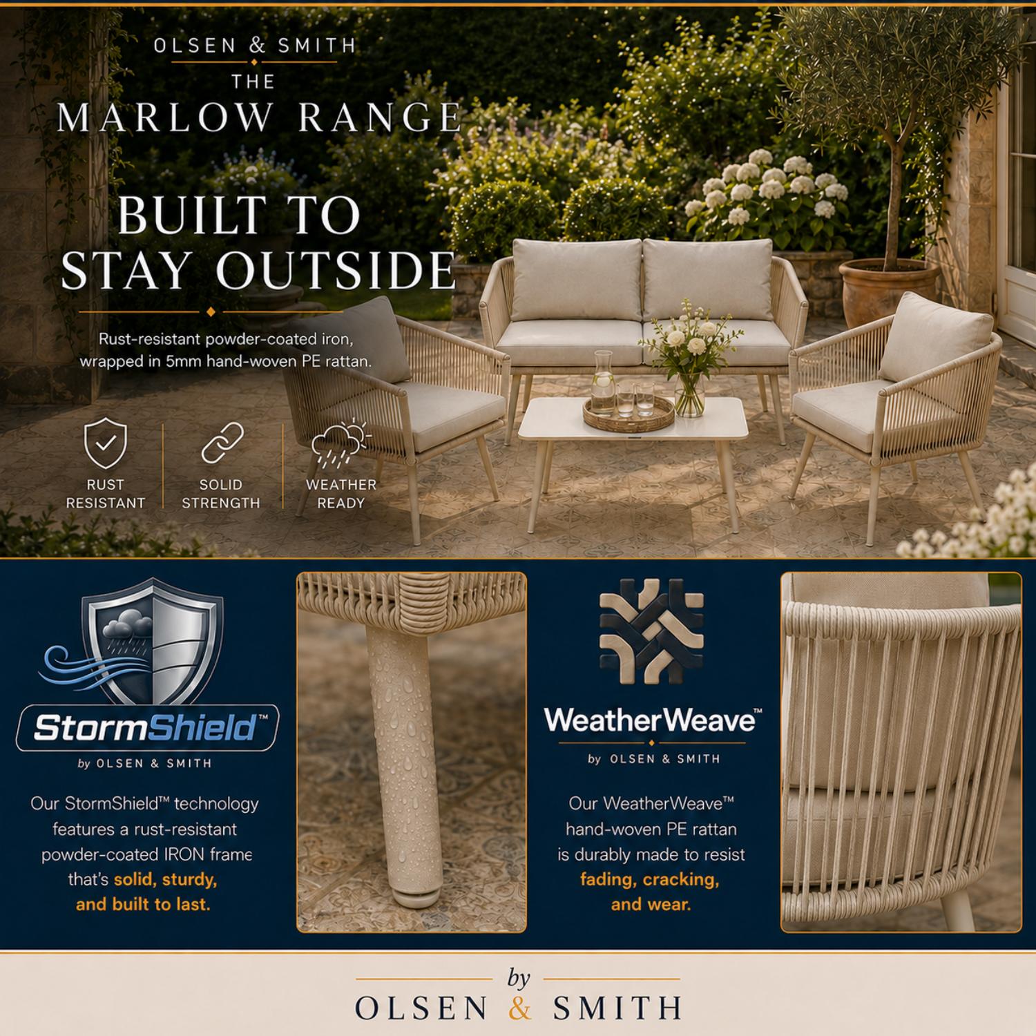 Olsen & Smith Marlow 4 Seater Rattan Garden Sofa Set - Sandstone Cream, Rust-ResistantFrame, Waterproof Cushions