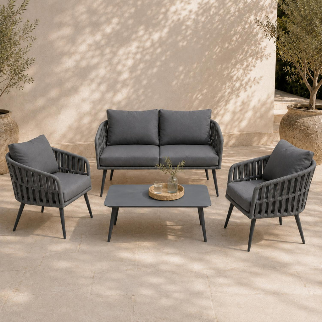 Olsen & Smith Hampton 4 Seater Aluminium Garden Furniture Set Slate Grey – 5 Piece Outdoor Rattan Sofa Set with 2 Seater Sofa, 2 Armchairs & Coffee Table, Waterproof Cushions, Aluminium Frame