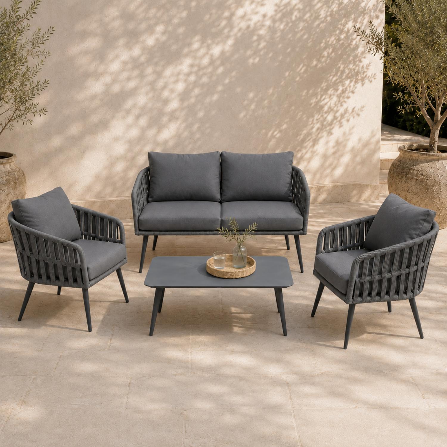 Olsen & Smith Hampton 4 Seater Aluminium Garden Furniture Set Slate Grey – 5 Piece Outdoor Rattan Sofa Set with 2 Seater Sofa, 2 Armchairs & Coffee Table, Waterproof Cushions, Aluminium Frame
