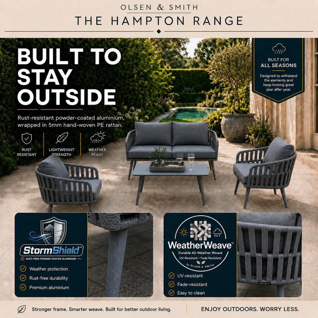 Olsen & Smith Hampton 4 Seater Aluminium Garden Furniture Set Slate Grey – 5 Piece Outdoor Rattan Sofa Set with 2 Seater Sofa, 2 Armchairs & Coffee Table, Waterproof Cushions, Aluminium Frame