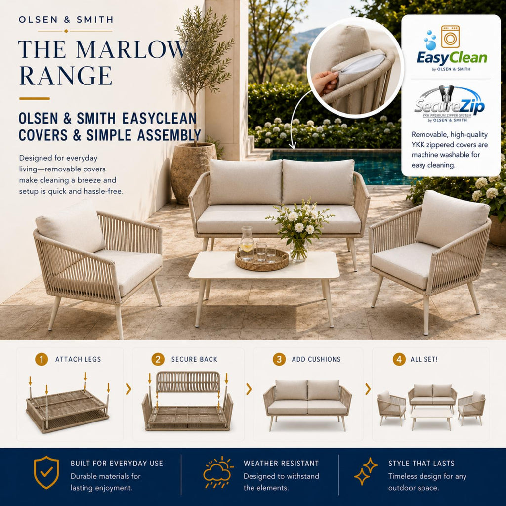 Olsen & Smith Marlow 4 Seater Rattan Garden Sofa Set - Sandstone Cream, Rust-ResistantFrame, Waterproof Cushions