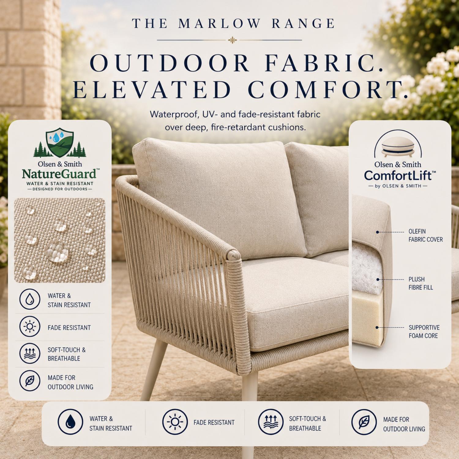 Olsen & Smith Marlow 4 Seater Rattan Garden Sofa Set - Sandstone Cream, Rust-ResistantFrame, Waterproof Cushions