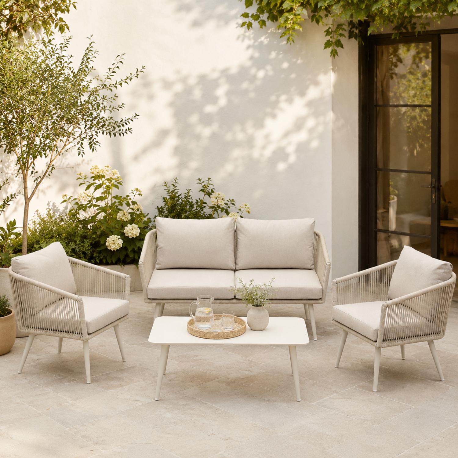 Olsen & Smith Marlow 4 Seater Rattan Garden Sofa Set - Sandstone Cream, Rust-ResistantFrame, Waterproof Cushions