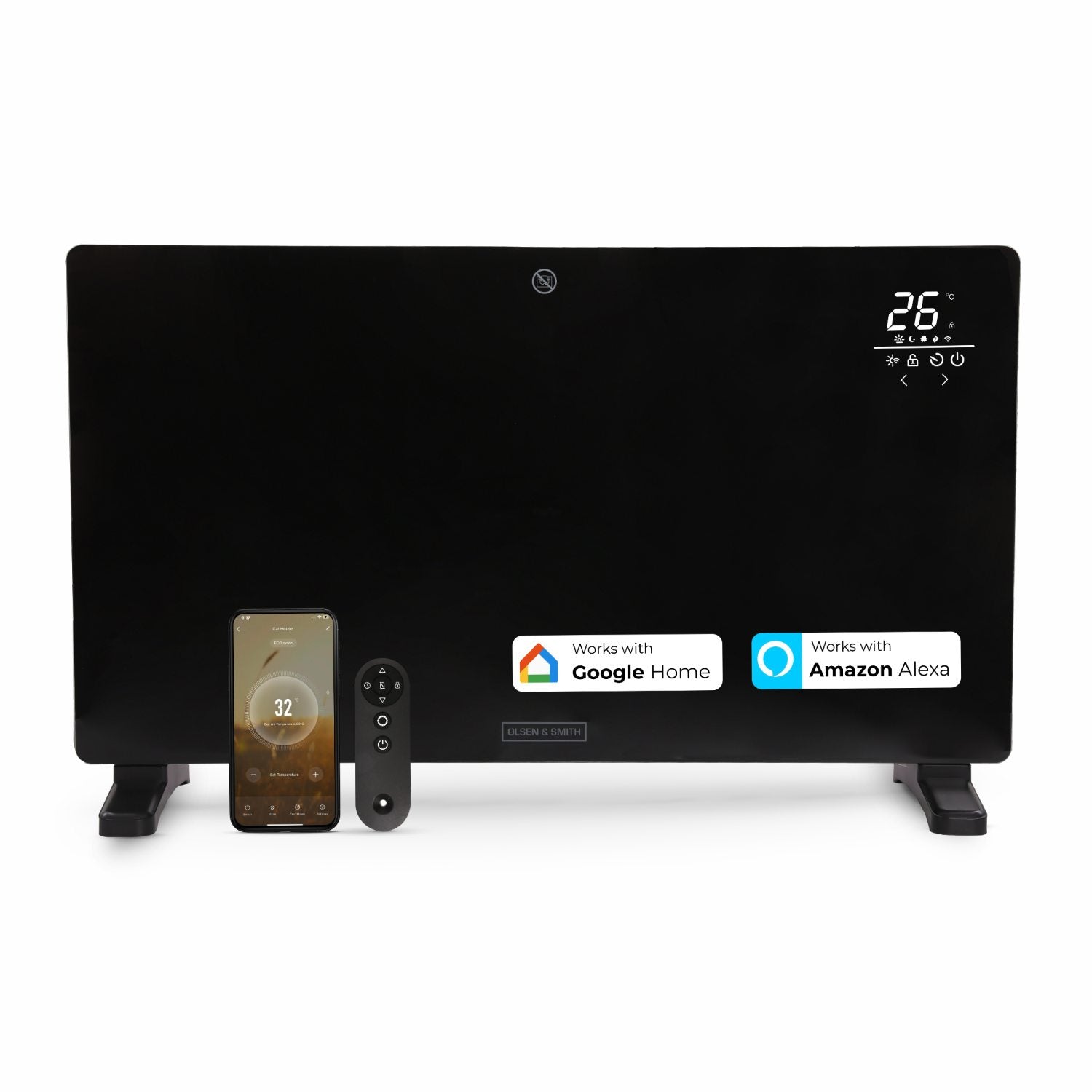Olsen & Smith 2500W Wi-Fi Enabled Smart Glass Panel Electric Heater – Alexa Control Radiator with Thermostat, Timer, Wall Mounted or Freestanding, Ultra Slim Design, Energy Efficient Home Heating - Black