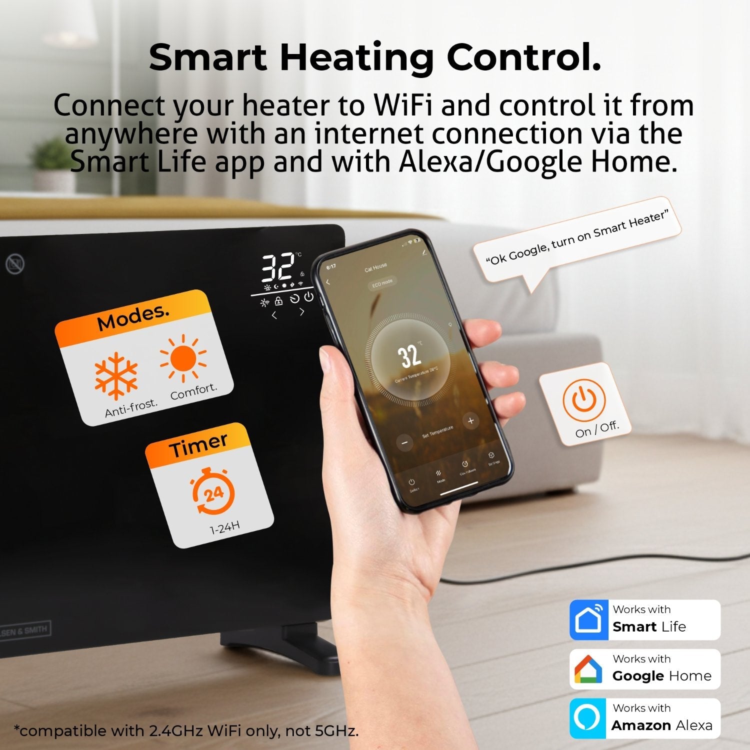 Olsen & Smith 2500W Wi-Fi Enabled Smart Glass Panel Electric Heater – Alexa Control Radiator with Thermostat, Timer, Wall Mounted or Freestanding, Ultra Slim Design, Energy Efficient Home Heating - Black