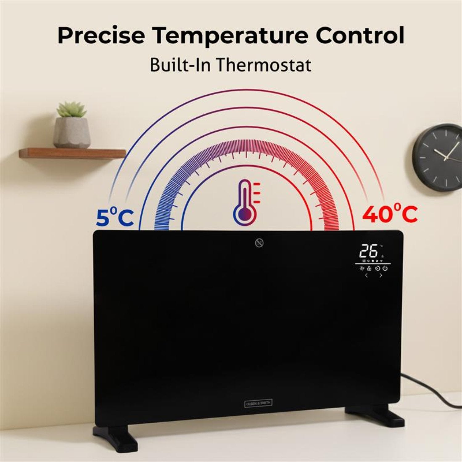 Olsen & Smith 2500W Wi-Fi Enabled Smart Glass Panel Electric Heater – Alexa Control Radiator with Thermostat, Timer, Wall Mounted or Freestanding, Ultra Slim Design, Energy Efficient Home Heating - Black