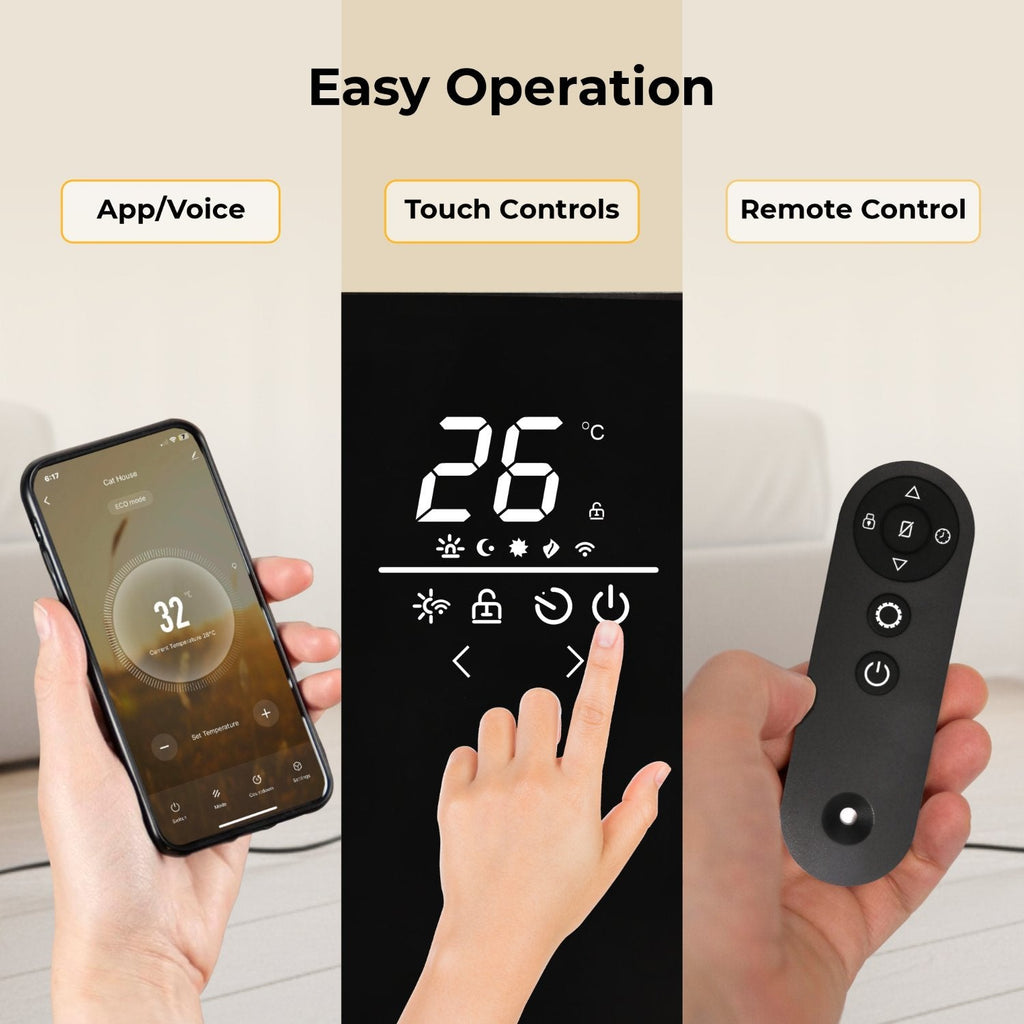 Olsen & Smith 2500W Wi-Fi Enabled Smart Glass Panel Electric Heater – Alexa Control Radiator with Thermostat, Timer, Wall Mounted or Freestanding, Ultra Slim Design, Energy Efficient Home Heating - Black