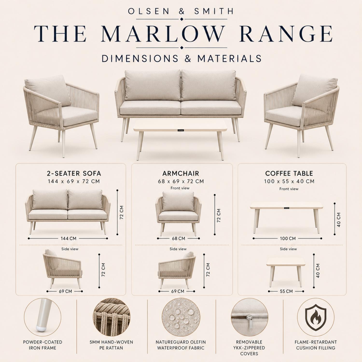 Olsen & Smith Marlow 4 Seater Rattan Garden Sofa Set - Sandstone Cream, Rust-ResistantFrame, Waterproof Cushions
