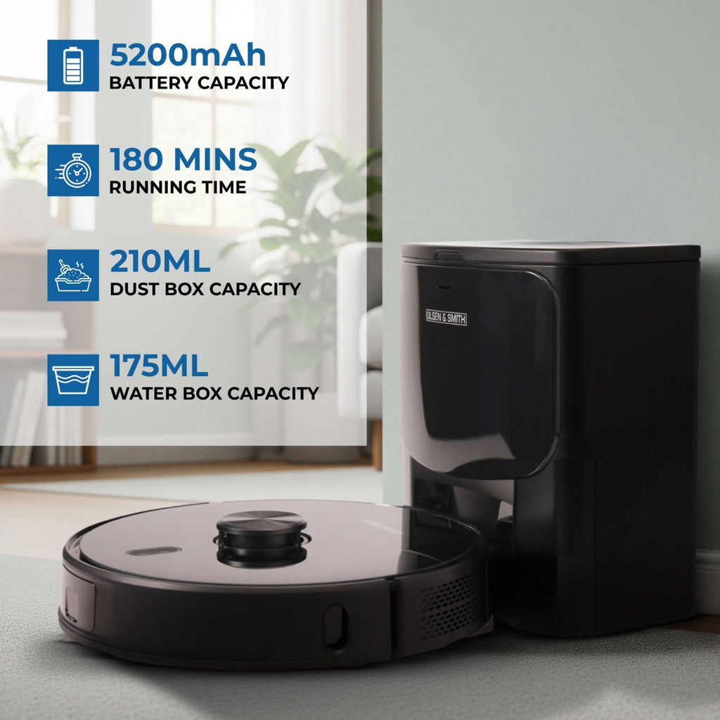 Olsen & Smith Robot Vacuum Cleaner with Mop & Self-Empty Station – 6500Pa Robot Vacuum & Mop Combo, LiDAR Laser Navigation, 3L Auto-Empty Dock, WiFi App Control, HEPA Filter for Hard Floors & Carpets