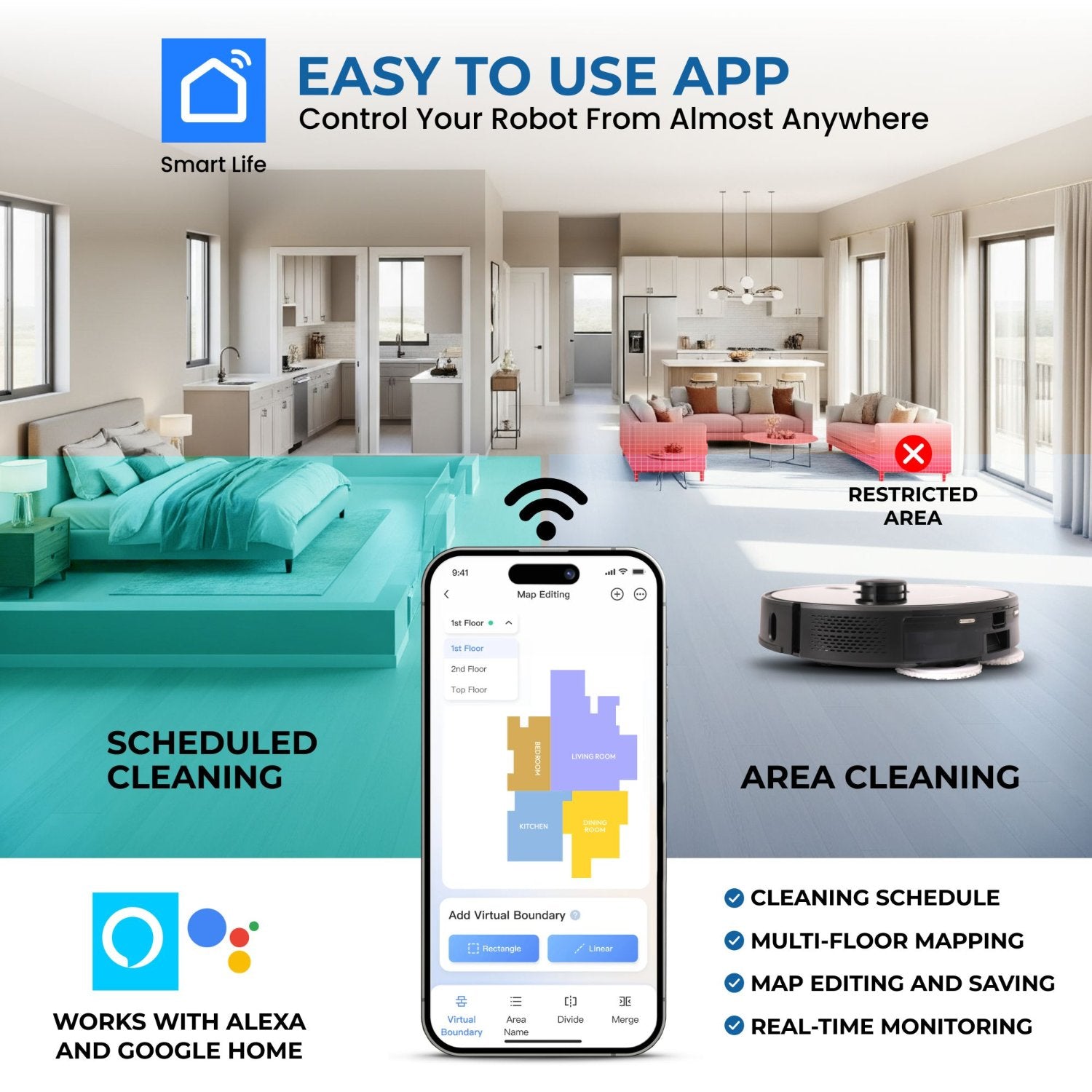 Olsen & Smith Robot Vacuum Cleaner with Mop & Self-Empty Station – 6500Pa Robot Vacuum & Mop Combo, LiDAR Laser Navigation, 3L Auto-Empty Dock, WiFi App Control, HEPA Filter for Hard Floors & Carpets