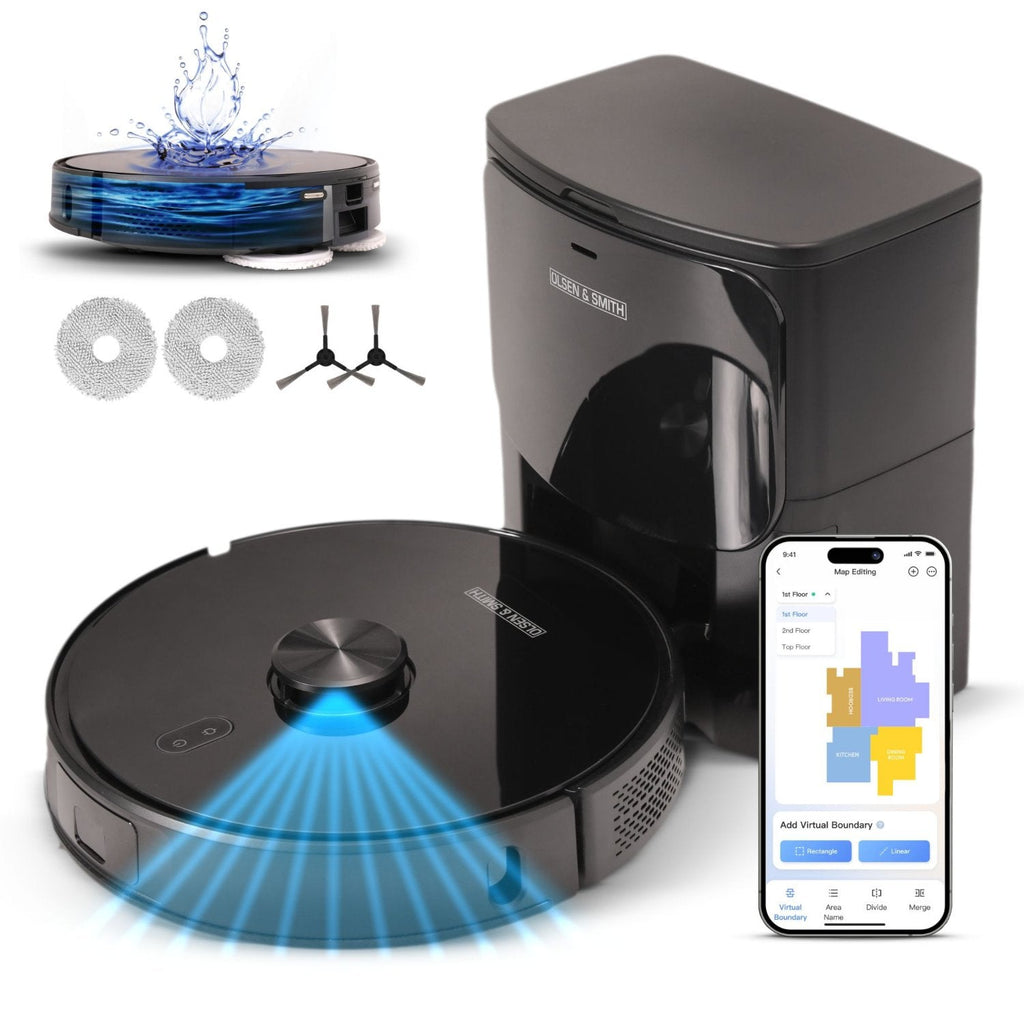 Olsen & Smith Robot Vacuum Cleaner with Mop & Self-Empty Station – 6500Pa Robot Vacuum & Mop Combo, LiDAR Laser Navigation, 3L Auto-Empty Dock, WiFi App Control, HEPA Filter for Hard Floors & Carpets