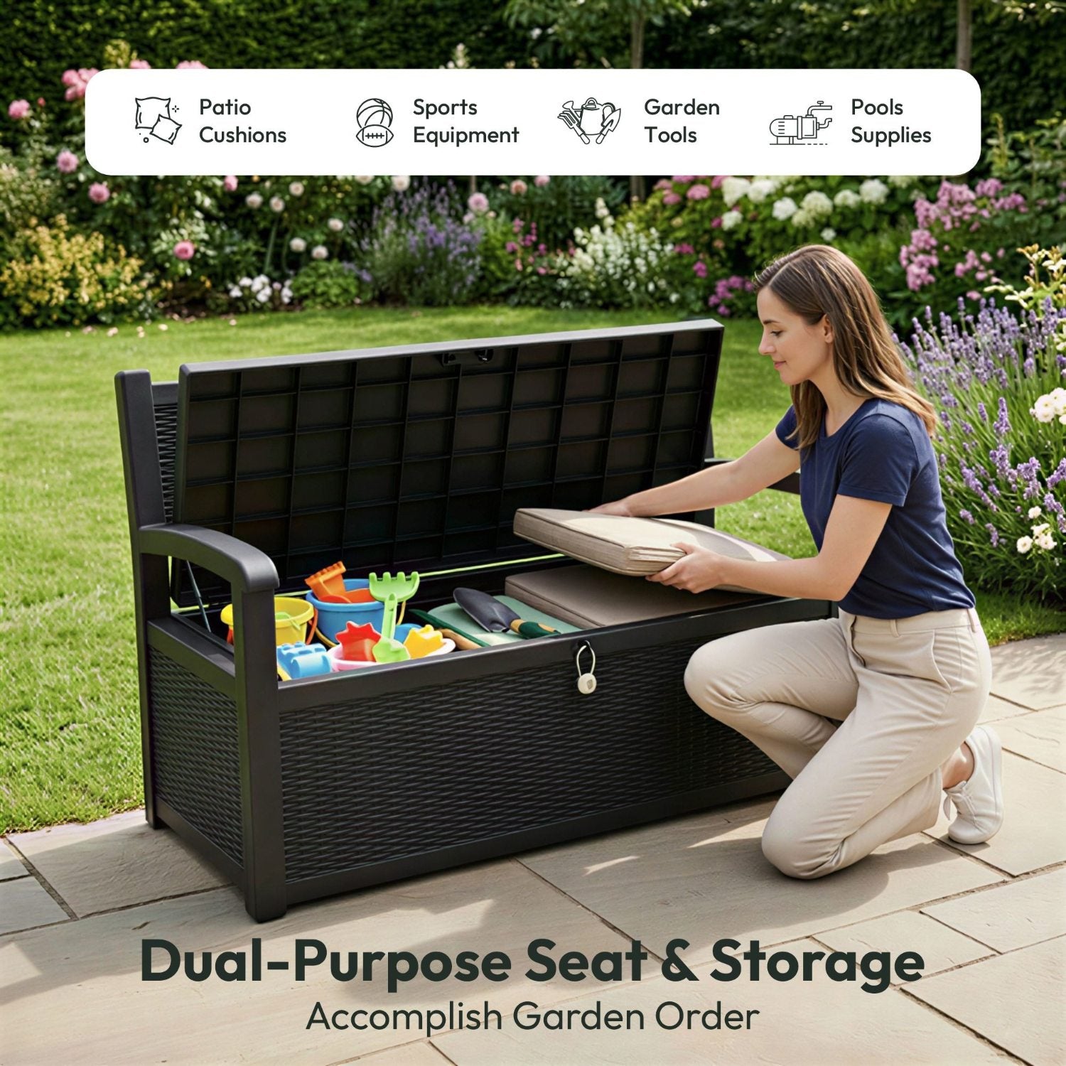 Olsen & Smith Outdoor Garden Storage Bench 265L – Weather-Resistant Rattan Effect Plastic Seat with Lockable Storage Box, Patio Furniture Chest for Tools, Cushions & Toys – Black