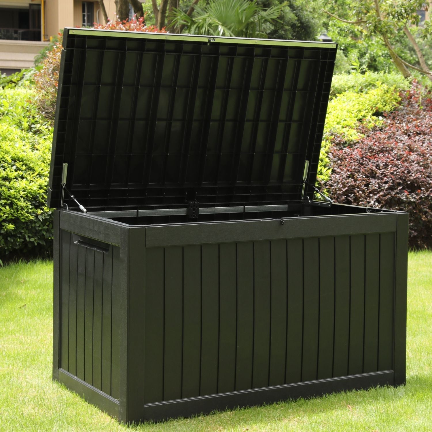 Olsen & Smith 870L Extra Large Outdoor Garden Storage Box – Heavy-Duty Weather-Resistant Wood-Effect Chest with Lock, Gas-Lift Lid & Massive Capacity – Grey