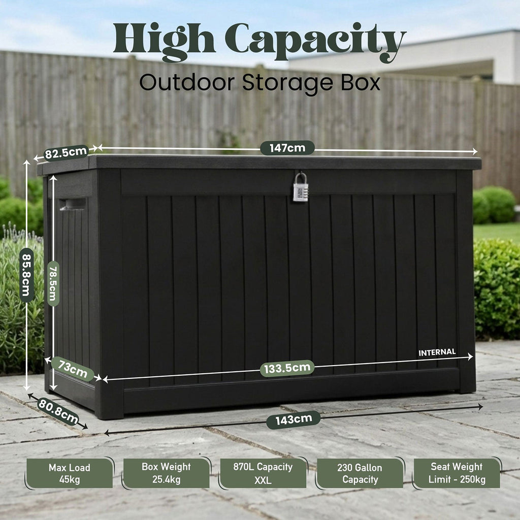 Olsen & Smith 870L Extra Large Outdoor Garden Storage Box – Heavy-Duty Weather-Resistant Wood-Effect Chest with Lock, Gas-Lift Lid & Massive Capacity – Grey