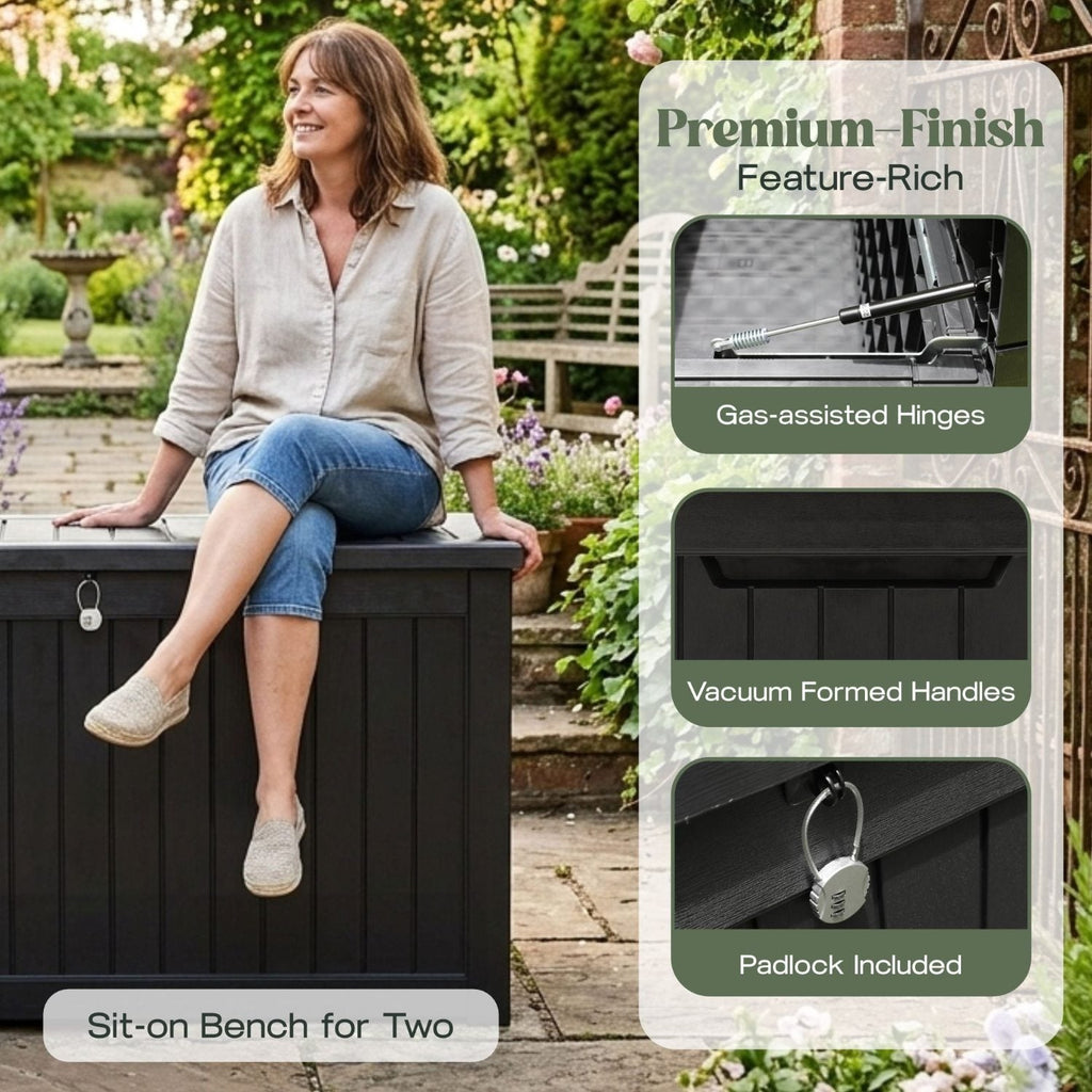 Olsen & Smith 870L Extra Large Outdoor Garden Storage Box – Heavy-Duty Weather-Resistant Wood-Effect Chest with Lock, Gas-Lift Lid & Massive Capacity – Grey
