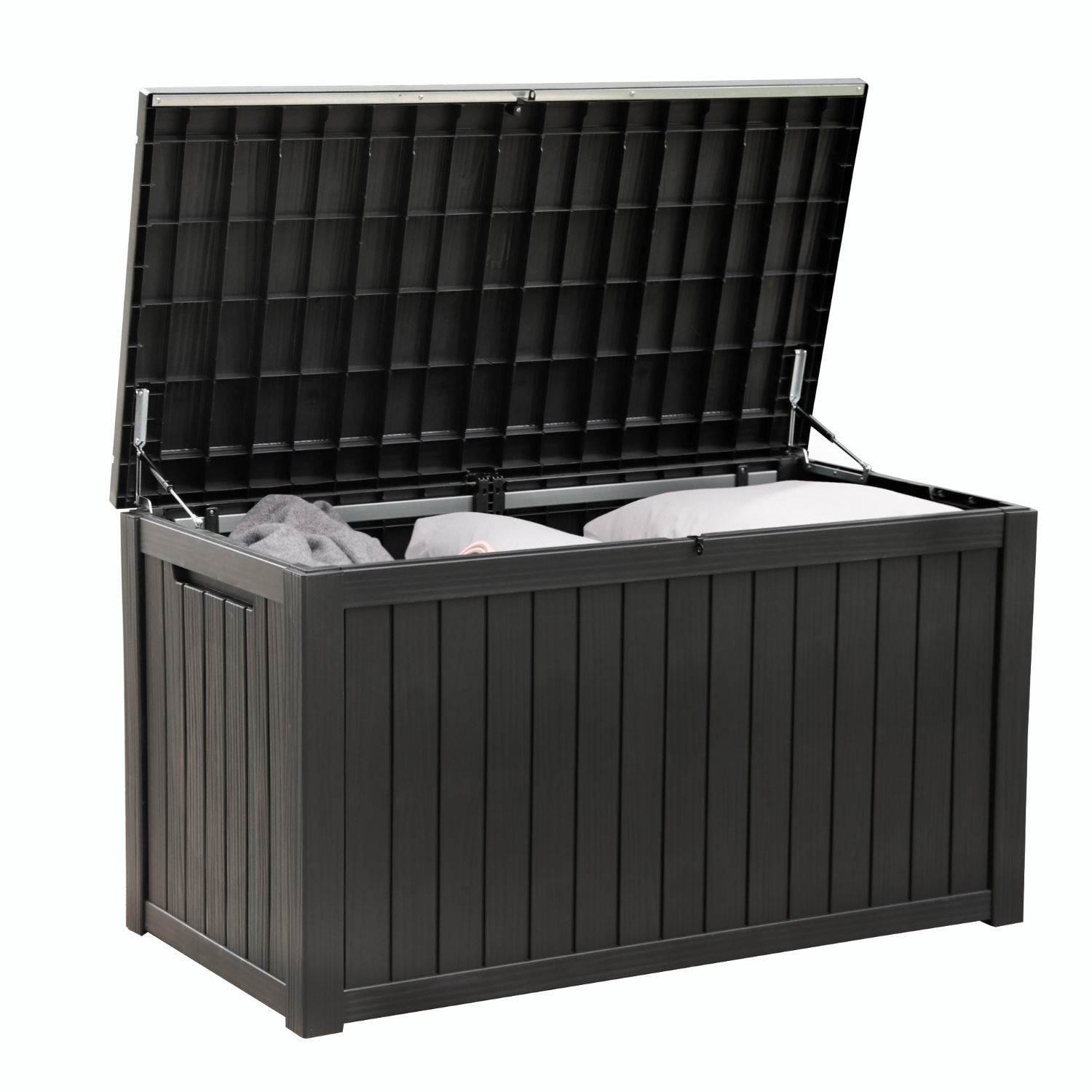 Olsen & Smith Premium XL 680L Outdoor Garden Storage Box – Weather-Resistant Heavy-Duty Plastic Storage Chest with Padlock, Wood-Effect Finish & Gas Lift Lid for Cushions, Tools & Toys (Anthracite Black)