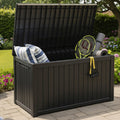 Olsen & Smith Premium XL 680L Outdoor Garden Storage Box – Weather-Resistant Heavy-Duty Plastic Storage Chest with Padlock, Wood-Effect Finish & Gas Lift Lid for Cushions, Tools & Toys (Anthracite Black)