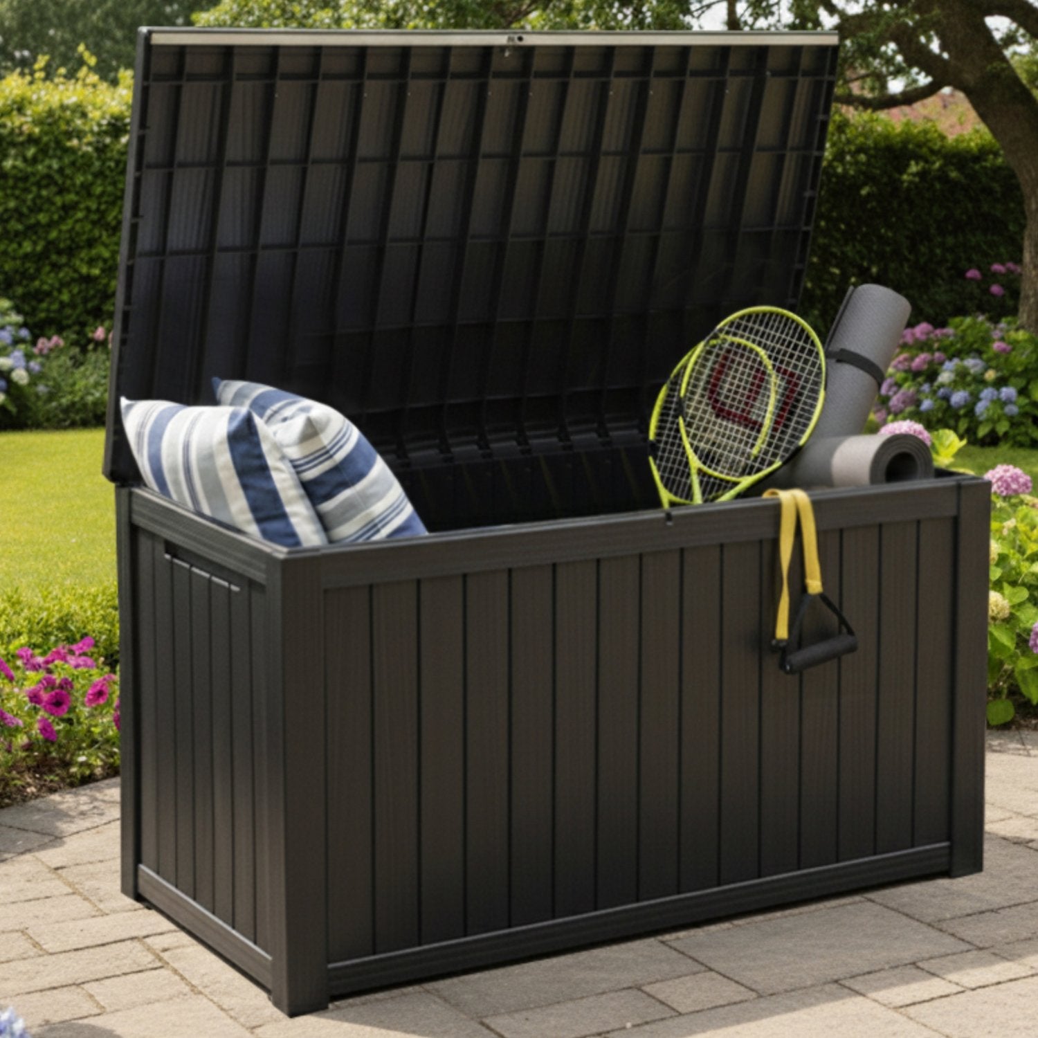 Olsen & Smith Premium XL 680L Outdoor Garden Storage Box – Weather-Resistant Heavy-Duty Plastic Storage Chest with Padlock, Wood-Effect Finish & Gas Lift Lid for Cushions, Tools & Toys (Anthracite Black)