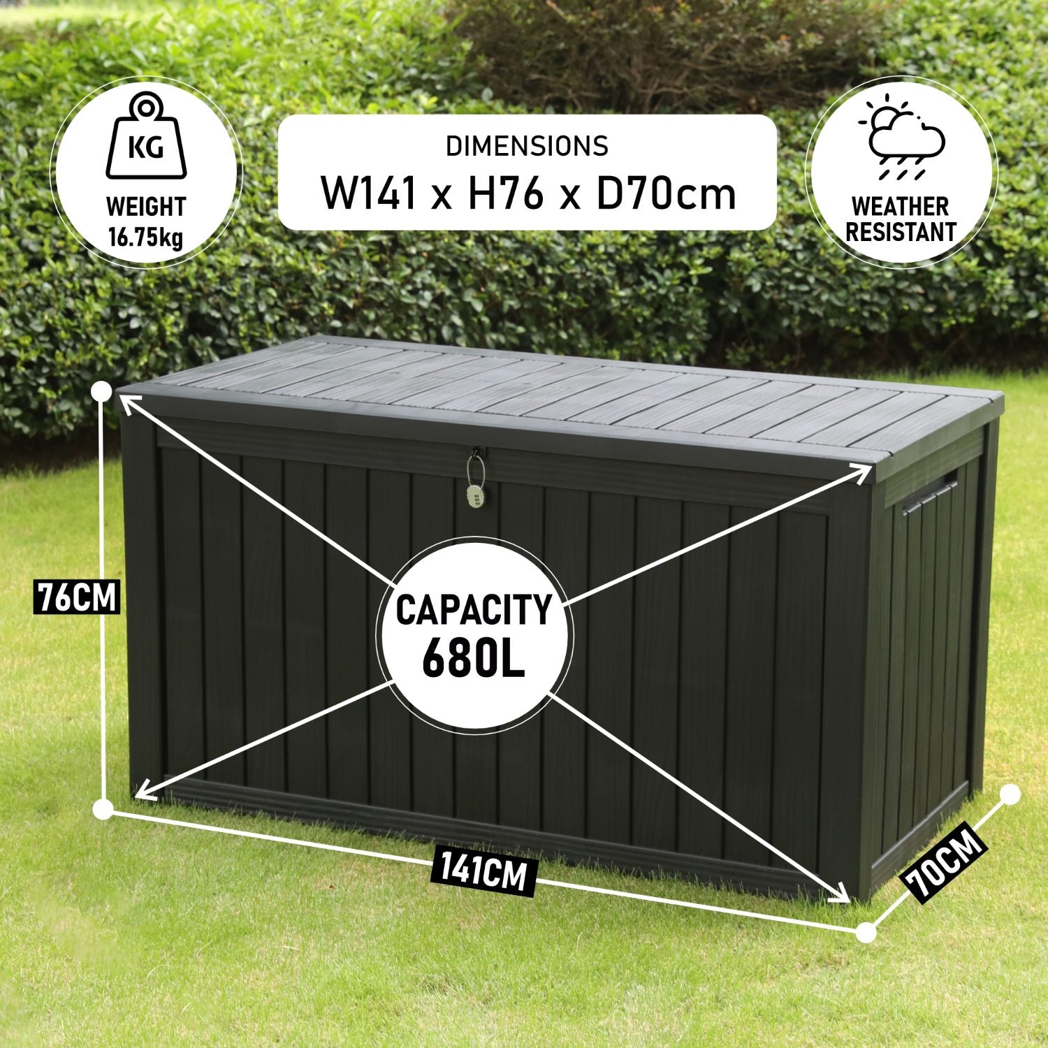 Olsen & Smith Premium XL 680L Outdoor Garden Storage Box – Weather-Resistant Heavy-Duty Plastic Storage Chest with Padlock, Wood-Effect Finish & Gas Lift Lid for Cushions, Tools & Toys (Anthracite Black)
