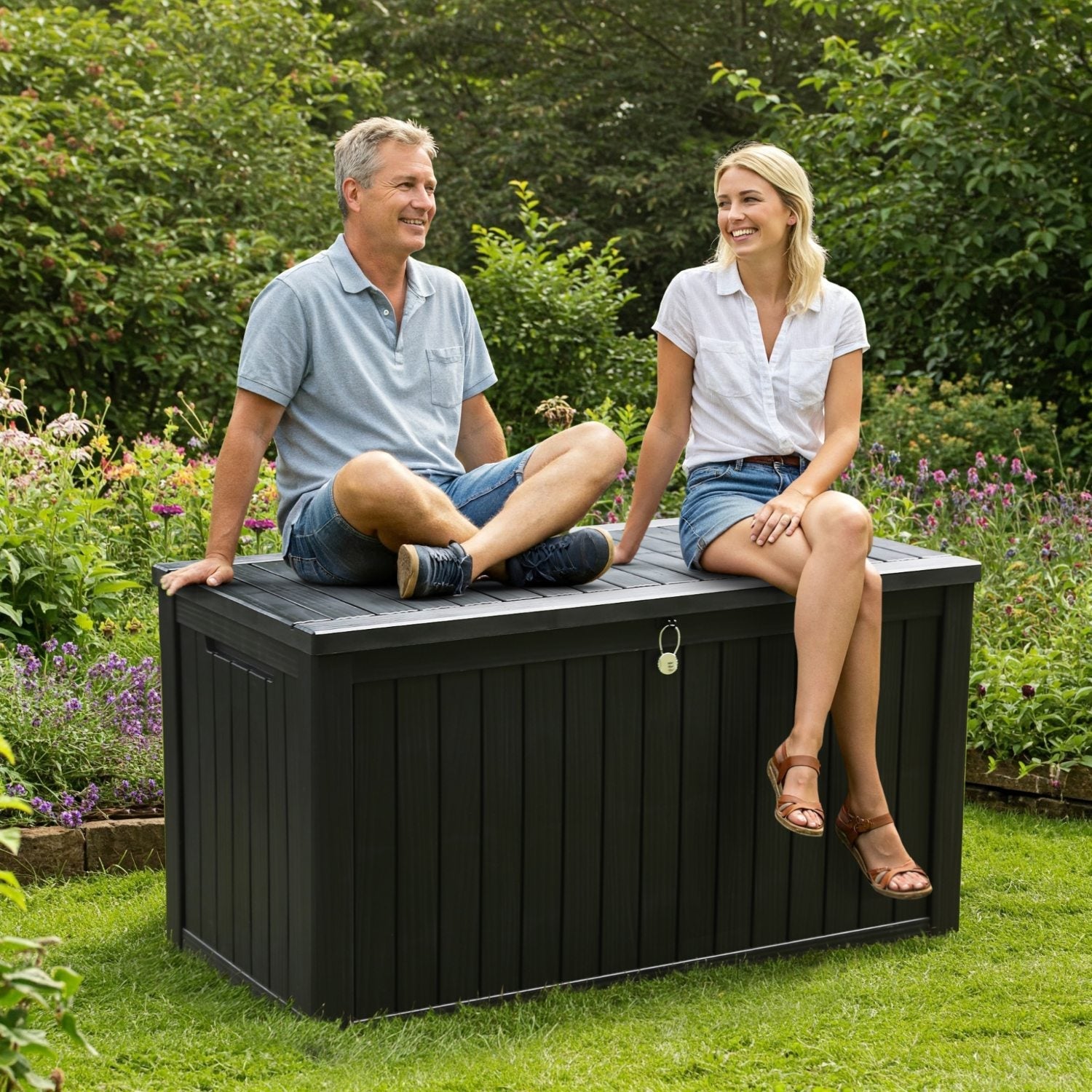 Olsen & Smith Premium XL 680L Outdoor Garden Storage Box – Weather-Resistant Heavy-Duty Plastic Storage Chest with Padlock, Wood-Effect Finish & Gas Lift Lid for Cushions, Tools & Toys (Anthracite Black)
