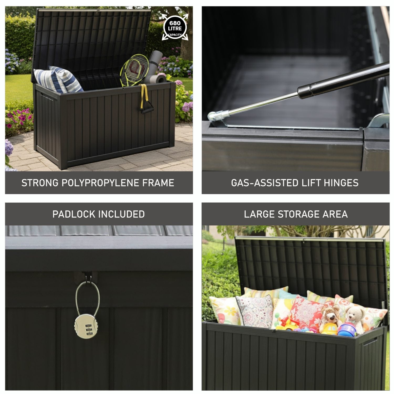Olsen & Smith Premium XL 680L Outdoor Garden Storage Box – Weather-Resistant Heavy-Duty Plastic Storage Chest with Padlock, Wood-Effect Finish & Gas Lift Lid for Cushions, Tools & Toys (Anthracite Black)