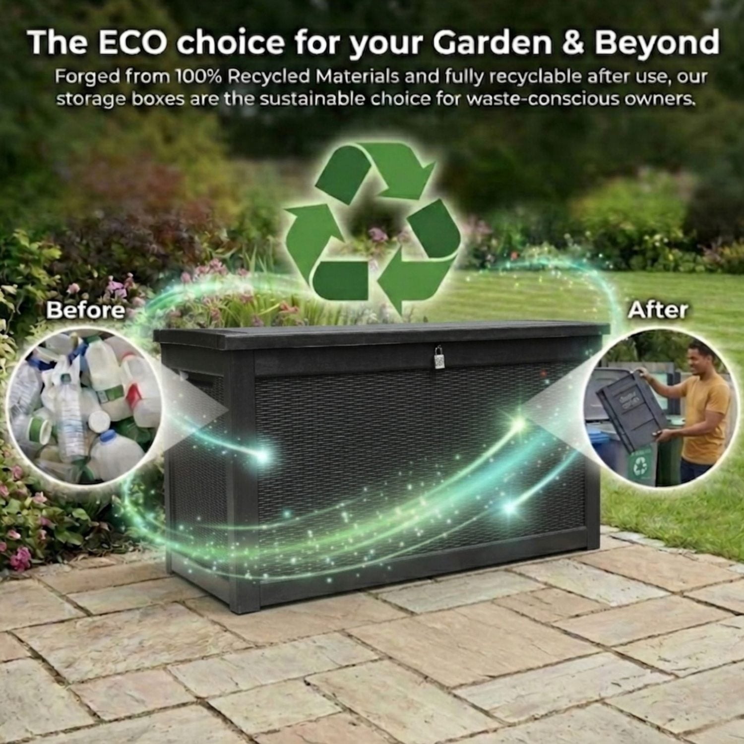 Olsen & Smith 980L XXL Garden Storage Box – Extra Large Outdoor Storage Chest, 100% Recycled Plastic, Weather Resistant Heavy Duty Cushion Storage Box with Padlock & Wood Effect