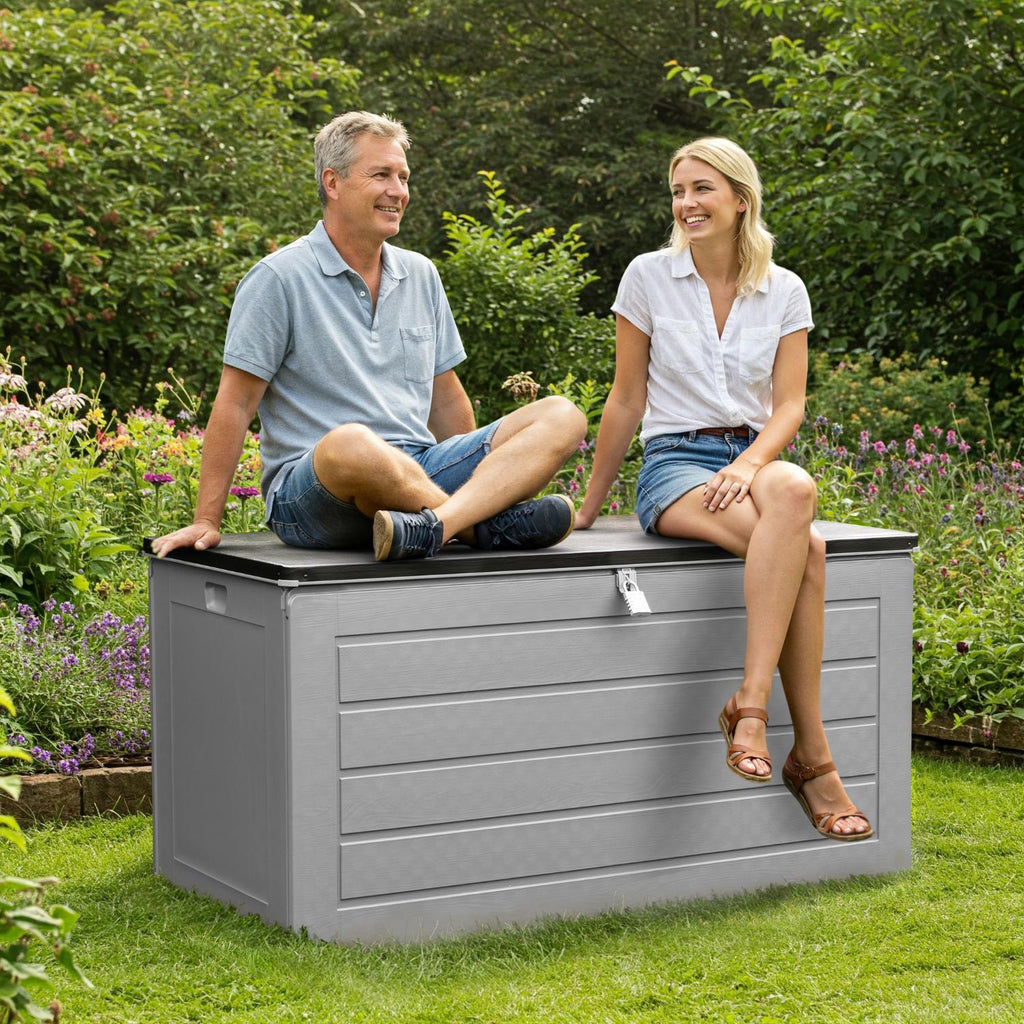 Olsen & Smith 680L Extra Large Waterproof Garden Storage Box, Outdoor Cushion & Furniture Storage, Heavy Duty Weatherproof Plastic Chest, Sit-On Lid, Anthracite Grey