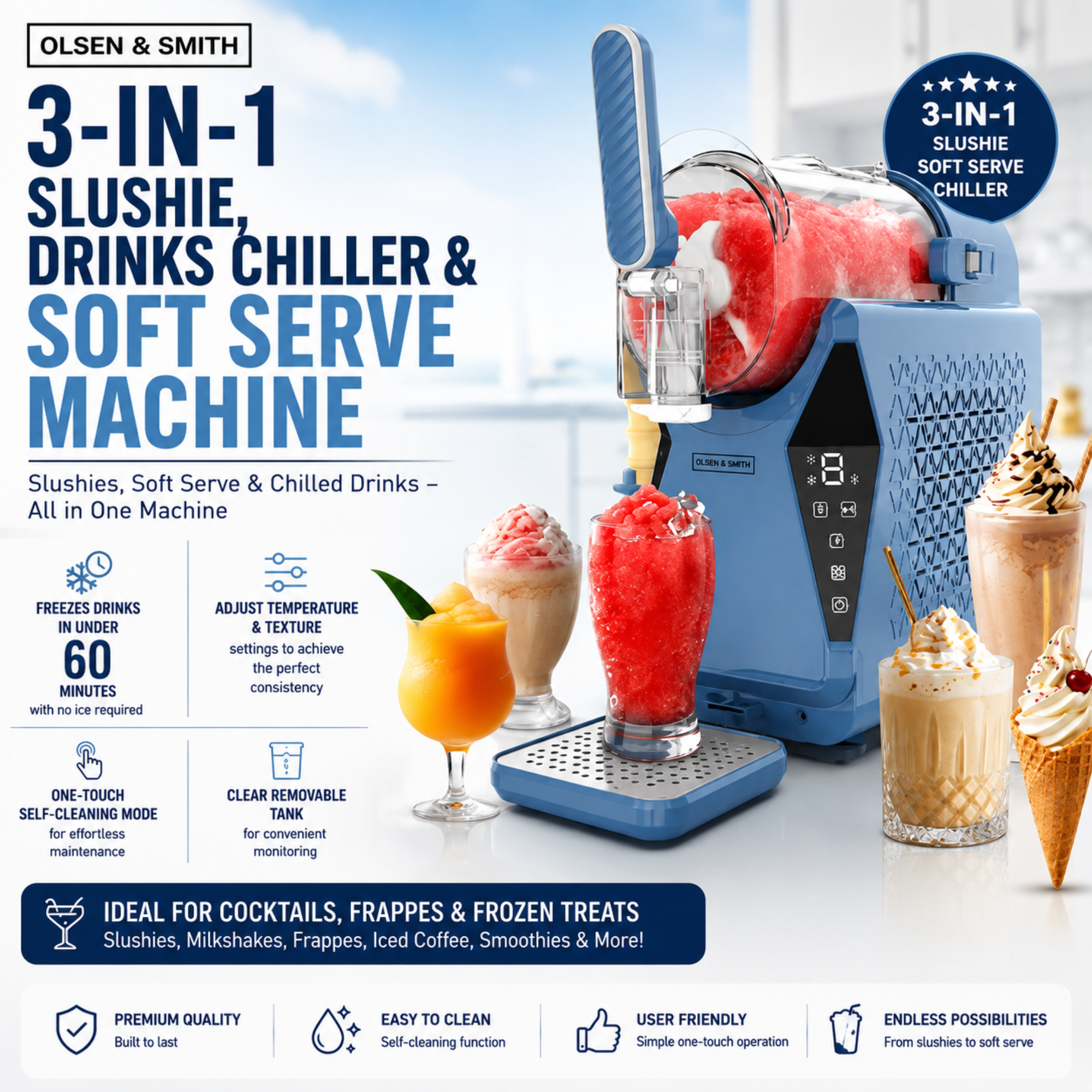Olsen & Smith Slushie Machine & Frozen Drink Maker – 3-in-1 Slushy, Soft Serve Ice Cream & Drinks Chiller Machine for Cocktails, Milkshakes, Frappes & Iced Coffee (Blue)
