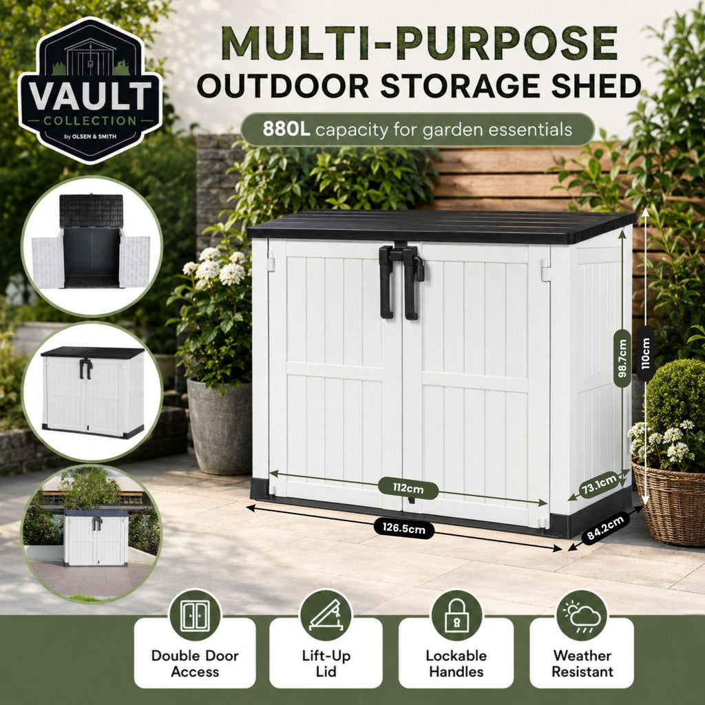 Olsen & Smith 880L Outdoor Storage Shed – Lockable Weatherproof Garden Storage Box with Double Doors & Lift-Up Lid, Plastic Bike Store, Tool, BBQ & Cushion Storage, Recyclable ReNew Build