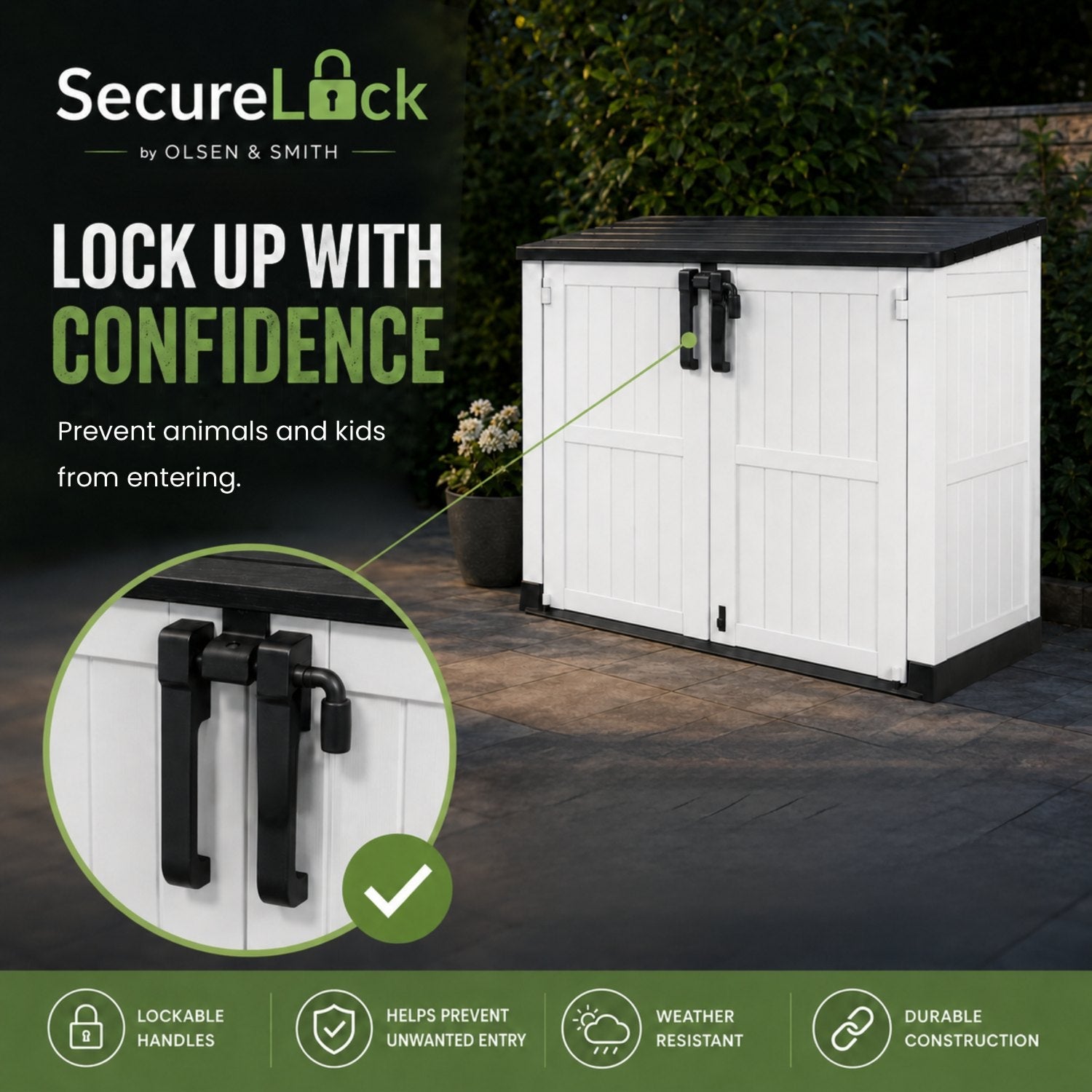 Olsen & Smith 880L Outdoor Storage Shed – Lockable Weatherproof Garden Storage Box with Double Doors & Lift-Up Lid, Plastic Bike Store, Tool, BBQ & Cushion Storage, Recyclable ReNew Build