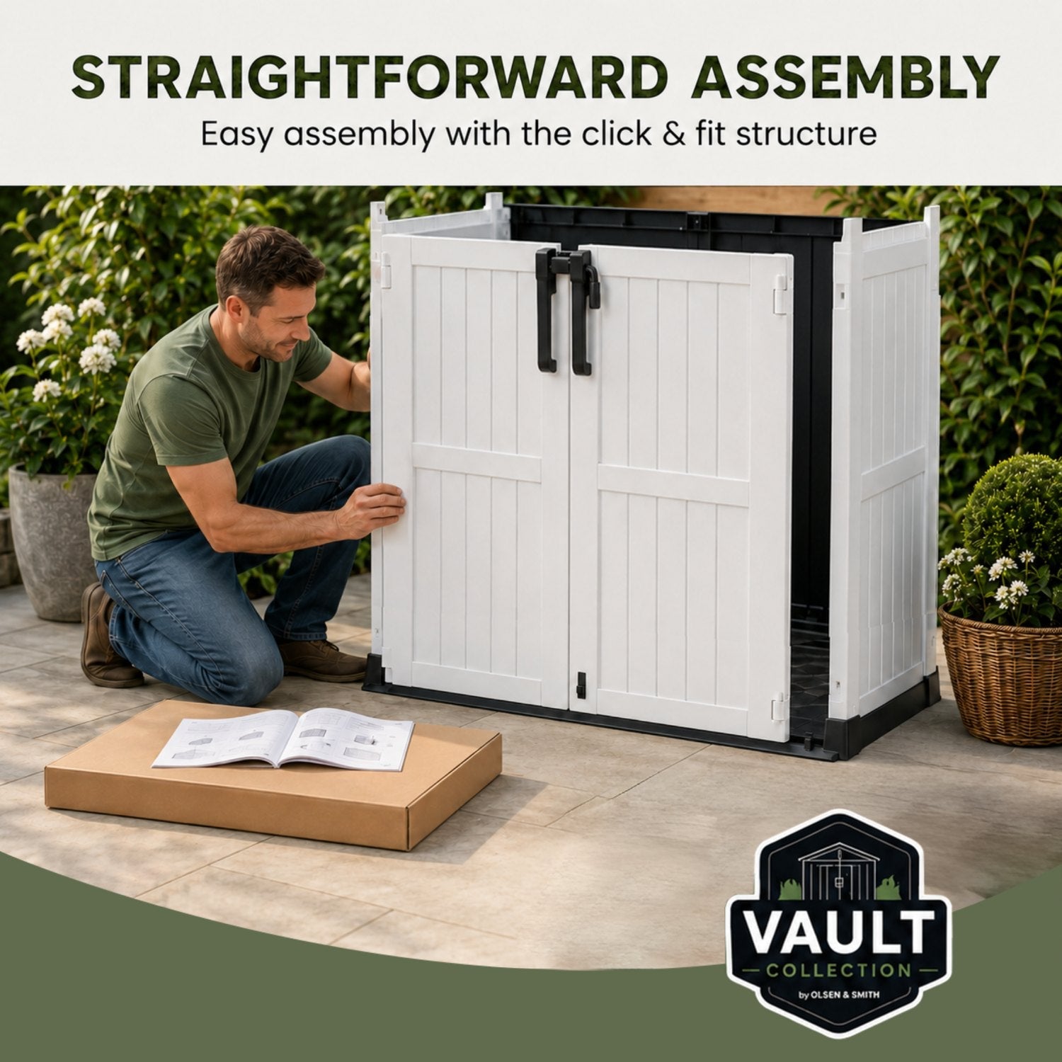 Olsen & Smith 880L Outdoor Storage Shed – Lockable Weatherproof Garden Storage Box with Double Doors & Lift-Up Lid, Plastic Bike Store, Tool, BBQ & Cushion Storage, Recyclable ReNew Build