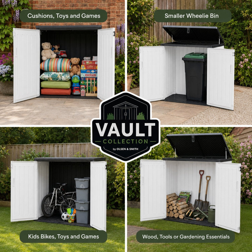 Olsen & Smith 880L Outdoor Storage Shed – Lockable Weatherproof Garden Storage Box with Double Doors & Lift-Up Lid, Plastic Bike Store, Tool, BBQ & Cushion Storage, Recyclable ReNew Build