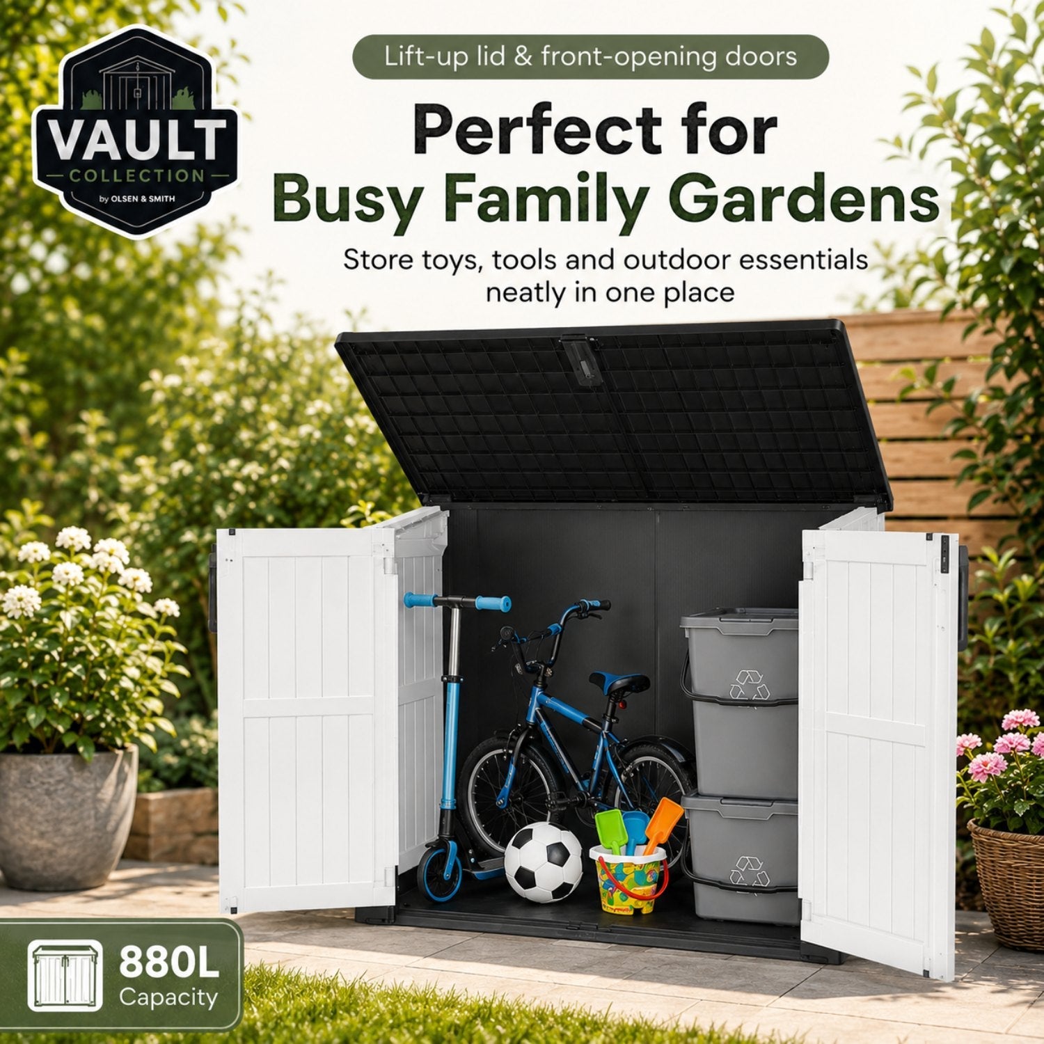 Olsen & Smith 880L Outdoor Storage Shed – Lockable Weatherproof Garden Storage Box with Double Doors & Lift-Up Lid, Plastic Bike Store, Tool, BBQ & Cushion Storage, Recyclable ReNew Build