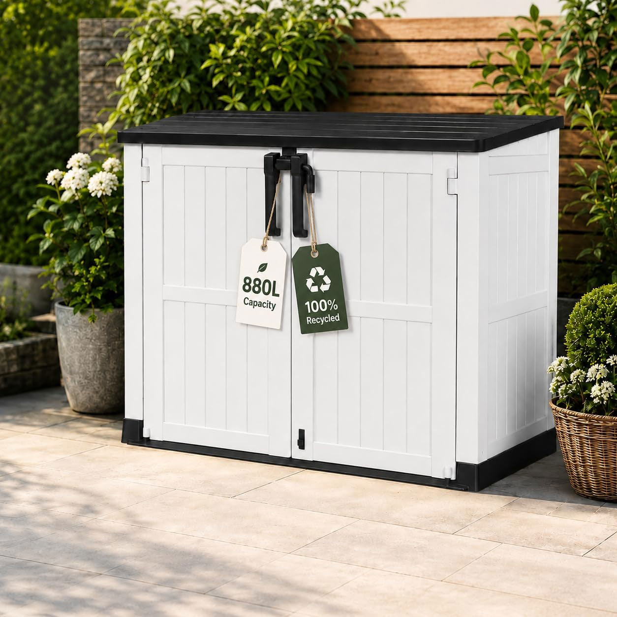 Olsen & Smith 880L Outdoor Storage Shed – Lockable Weatherproof Garden Storage Box with Double Doors & Lift-Up Lid, Plastic Bike Store, Tool, BBQ & Cushion Storage, Recyclable ReNew Build