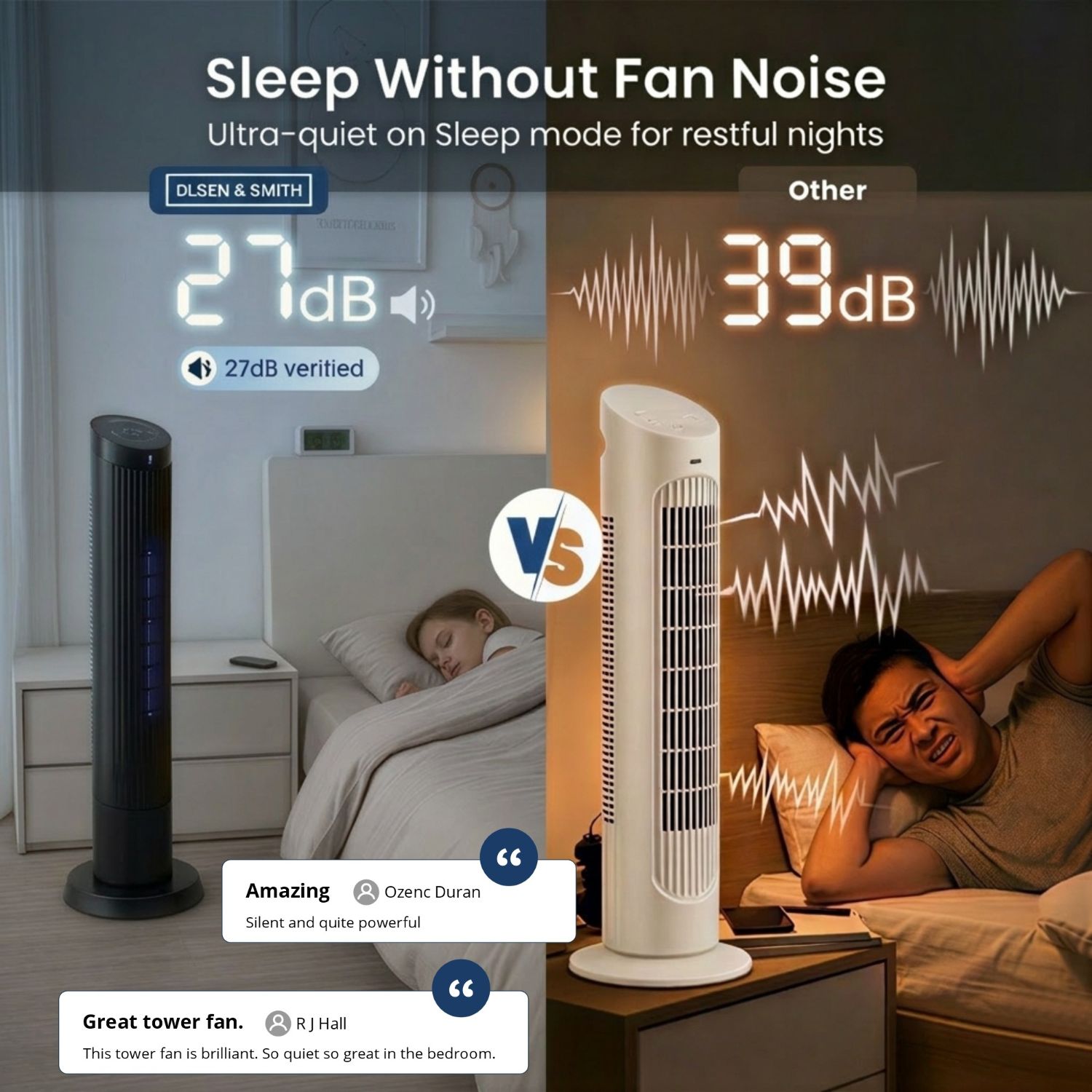 Olsen & Smith Silent Tower Fan with Remote – Quiet Fan for Bedroom & Sleeping, 4 Speed Modes, Sleep Mode, 82° Oscillation, 12H Timer, Bladeless Design – Matte Black