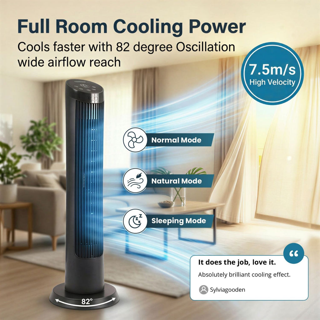 Olsen & Smith Silent Tower Fan with Remote – Quiet Fan for Bedroom & Sleeping, 4 Speed Modes, Sleep Mode, 82° Oscillation, 12H Timer, Bladeless Design – Matte Black