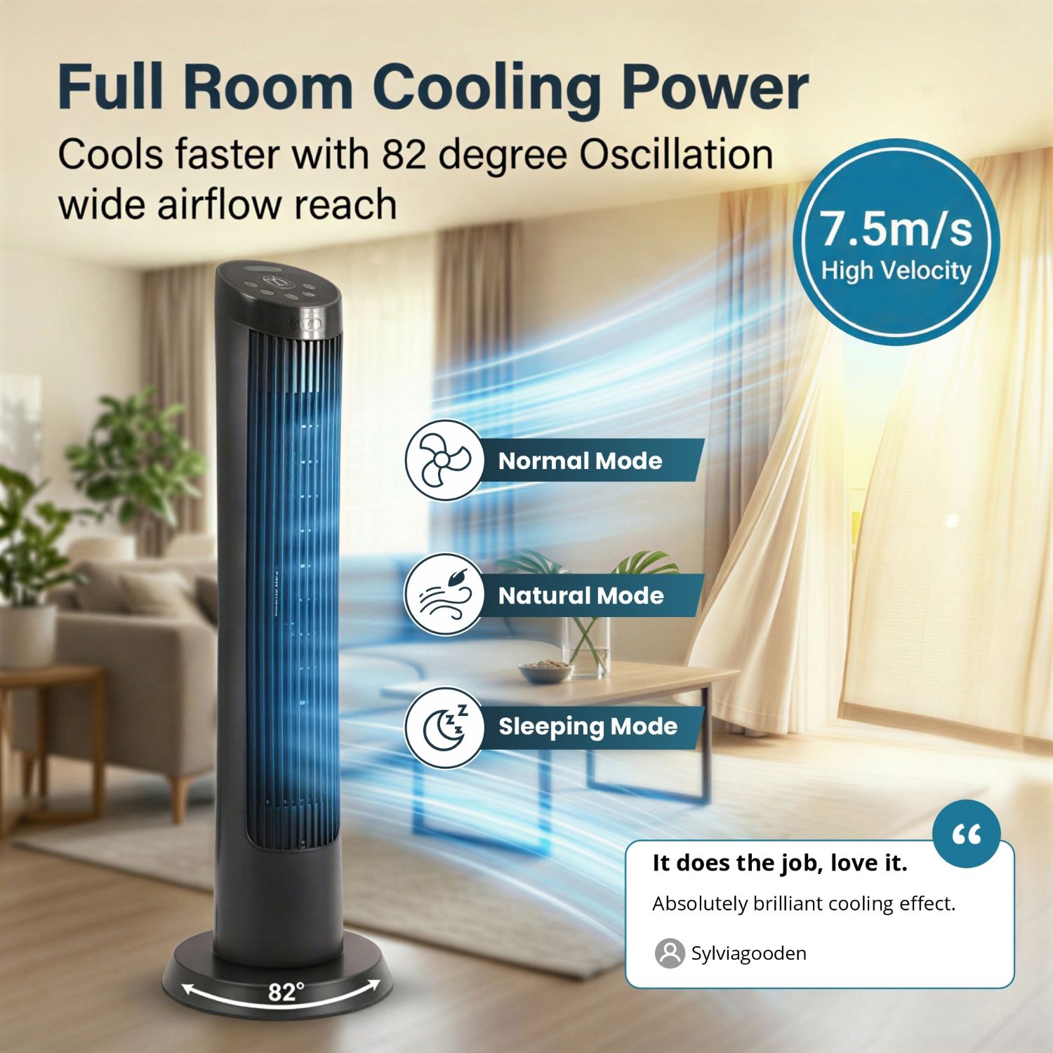 Olsen & Smith Silent Tower Fan with Remote – Quiet Fan for Bedroom & Sleeping, 4 Speed Modes, Sleep Mode, 82° Oscillation, 12H Timer, Bladeless Design – Matte Black