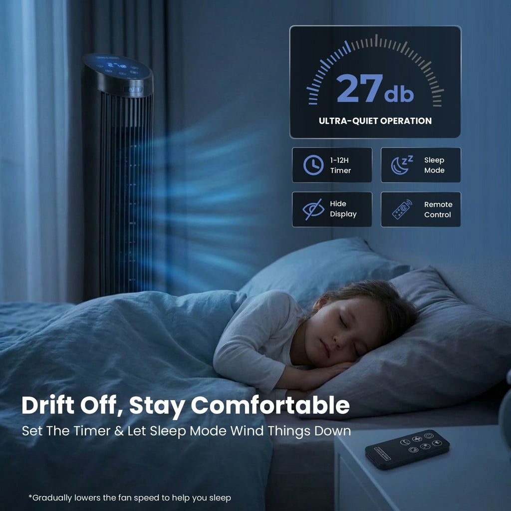 Olsen & Smith Silent Tower Fan with Remote – Quiet Fan for Bedroom & Sleeping, 4 Speed Modes, Sleep Mode, 82° Oscillation, 12H Timer, Bladeless Design – Matte Black