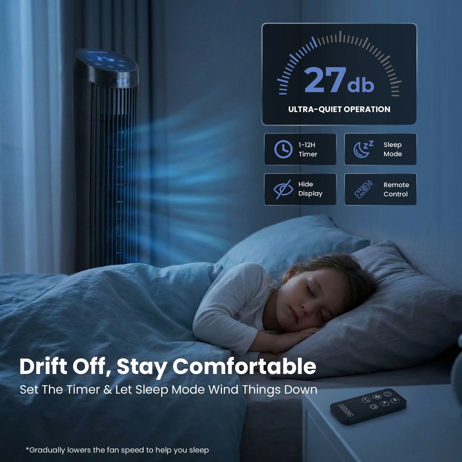 Olsen & Smith Silent Tower Fan with Remote – Quiet Fan for Bedroom & Sleeping, 4 Speed Modes, Sleep Mode, 82° Oscillation, 12H Timer, Bladeless Design – Matte Black