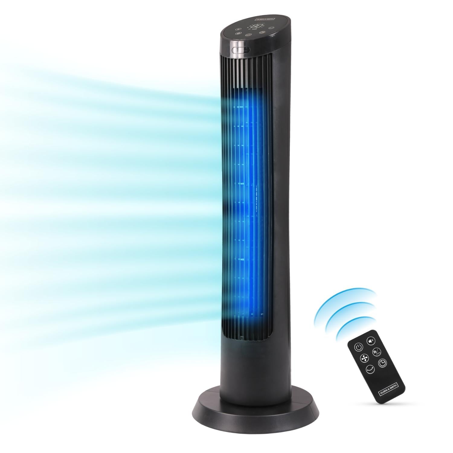 Olsen & Smith Silent Tower Fan with Remote – Quiet Fan for Bedroom & Sleeping, 4 Speed Modes, Sleep Mode, 82° Oscillation, 12H Timer, Bladeless Design – Matte Black